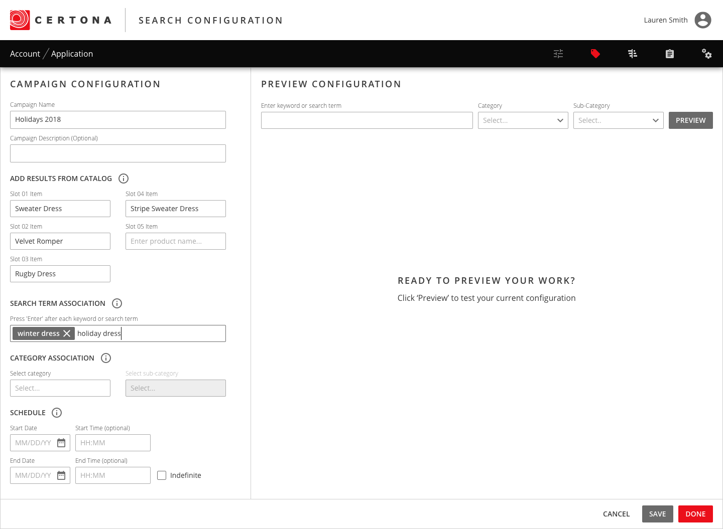 Campaign configuration form with product slots, search terms, category, and schedule, beside a preview panel