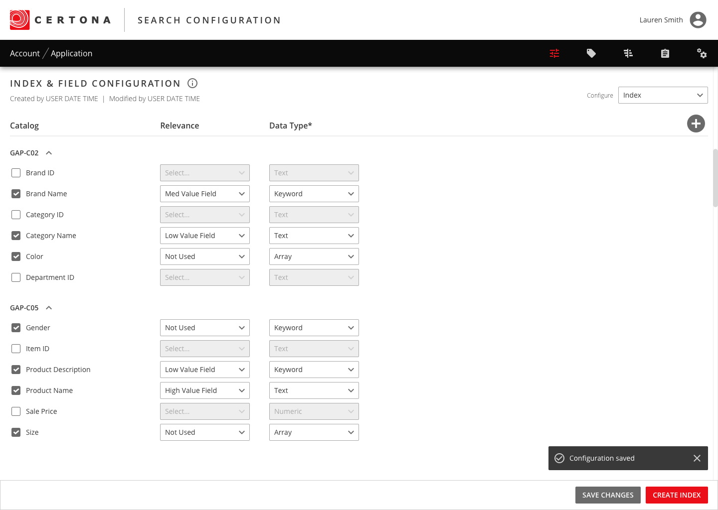 Index and field configuration with catalog fields, relevance levels, and data types