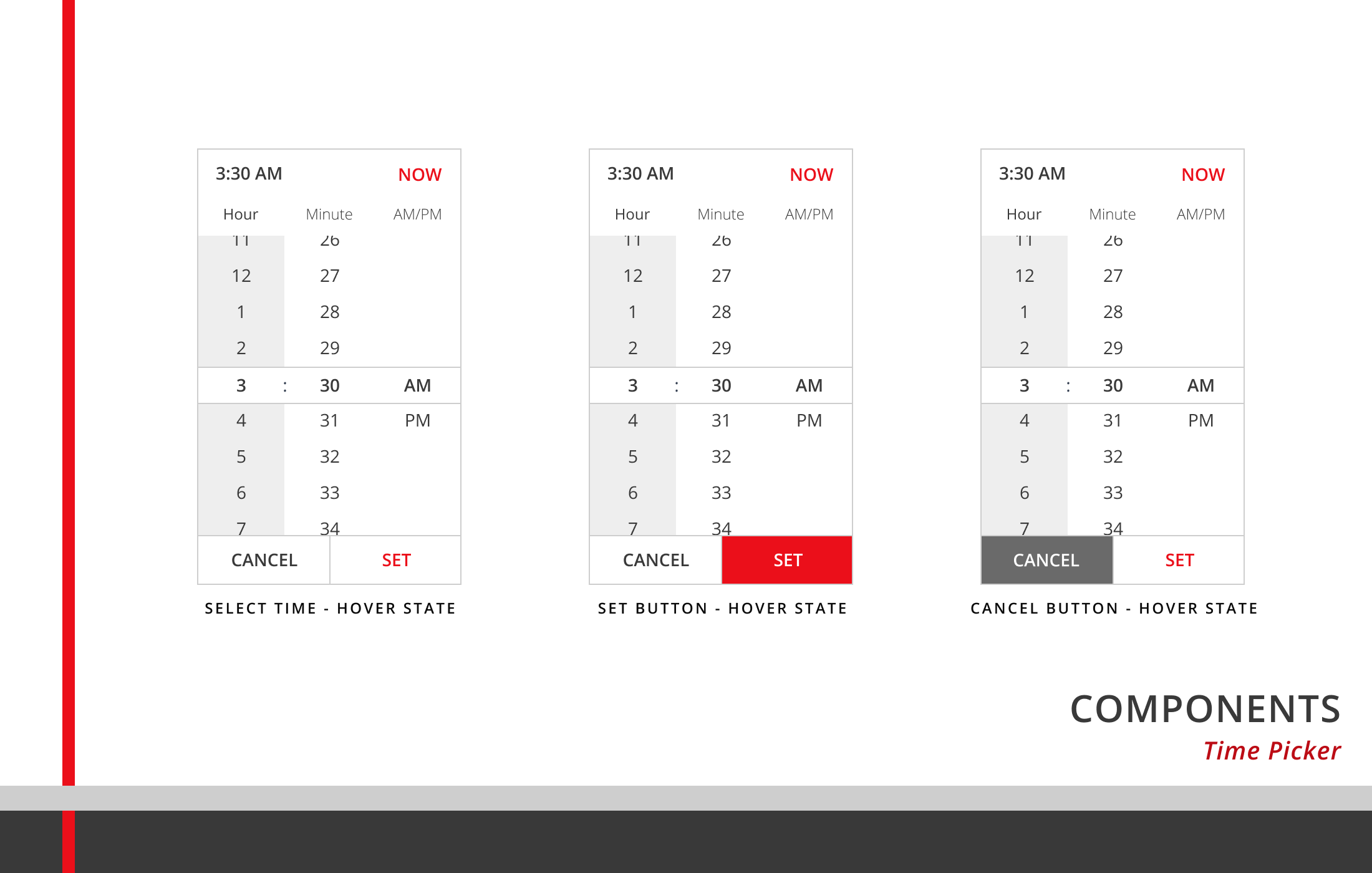 Time picker component in three hover states