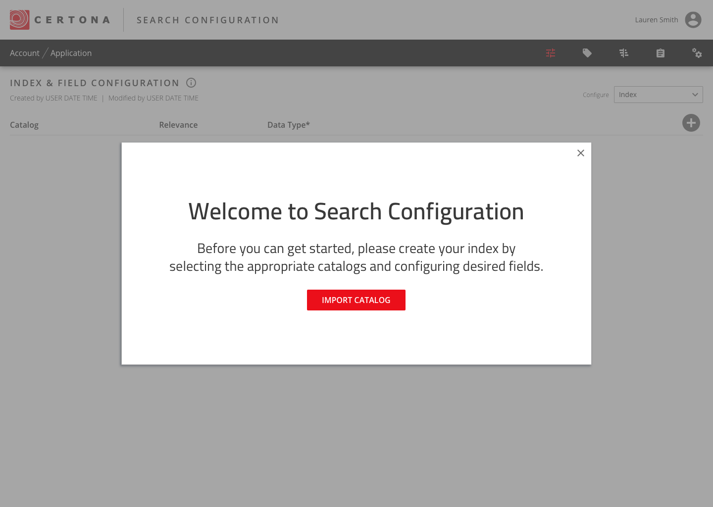 Welcome to Search Configuration modal prompting the user to import a catalog