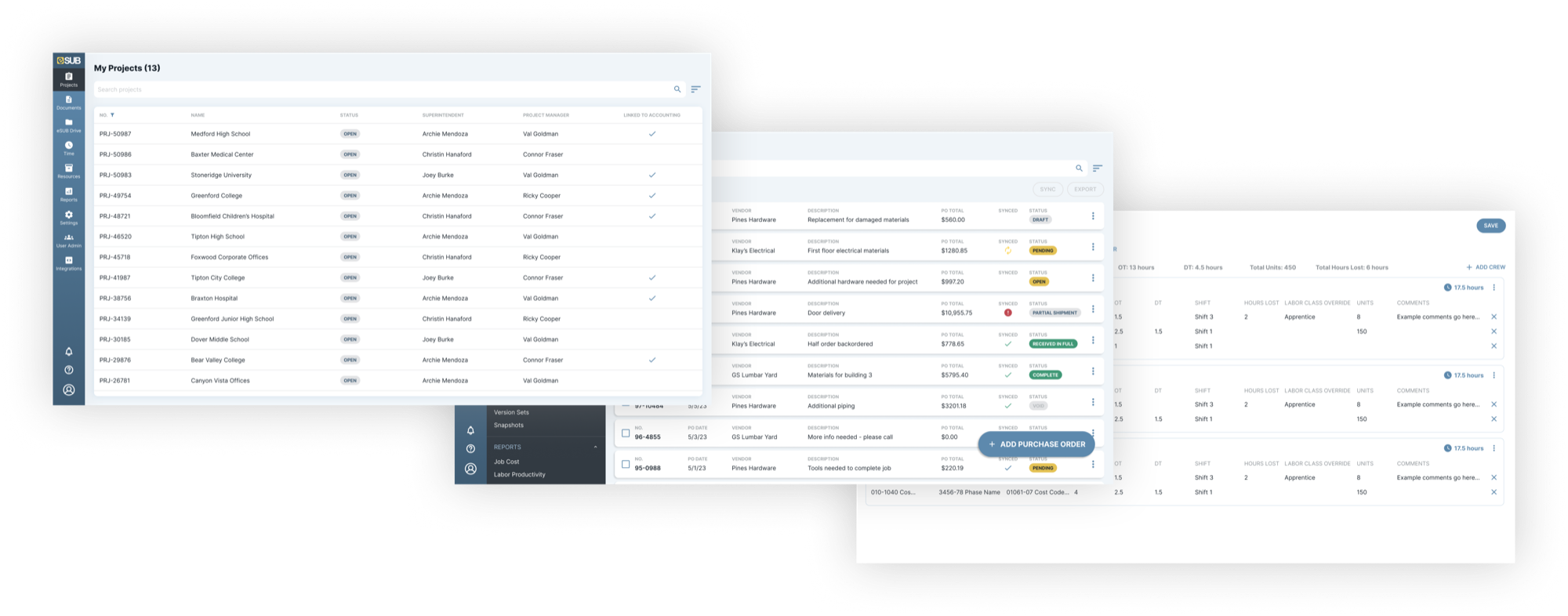 Screens from eSUB Cloud 2.0: a clean projects table, a purchase order list with status tags, and a crew time entry view, all in one consistent style