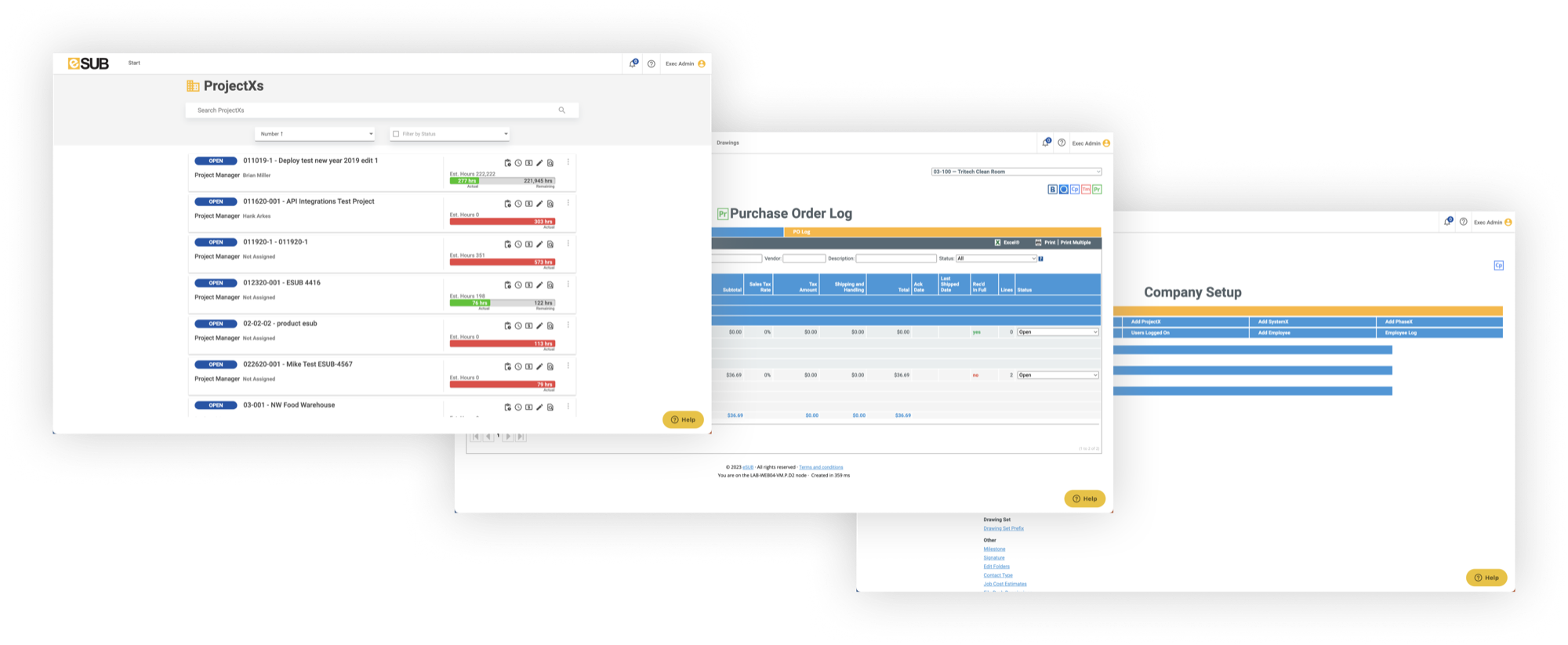 Screens from eSUB 1.0: a projects list, a dense purchase order log, and a company setup page, each with a different visual style