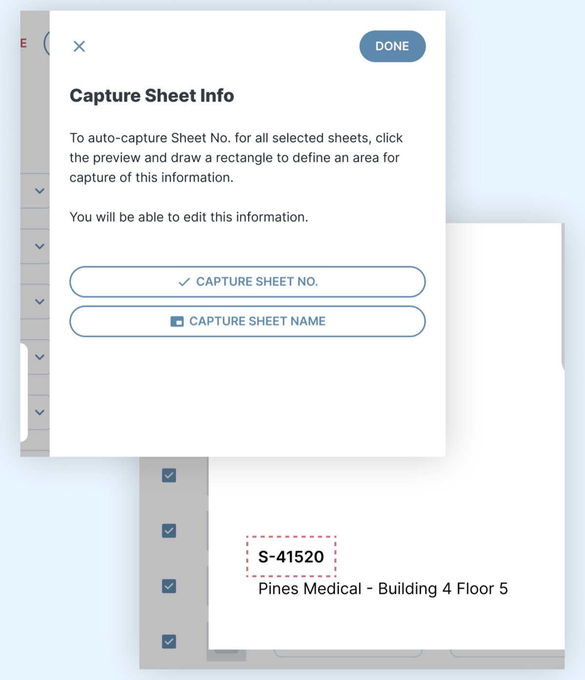 Capture Sheet Info panel with a dashed box drawn around a sheet number on a plan