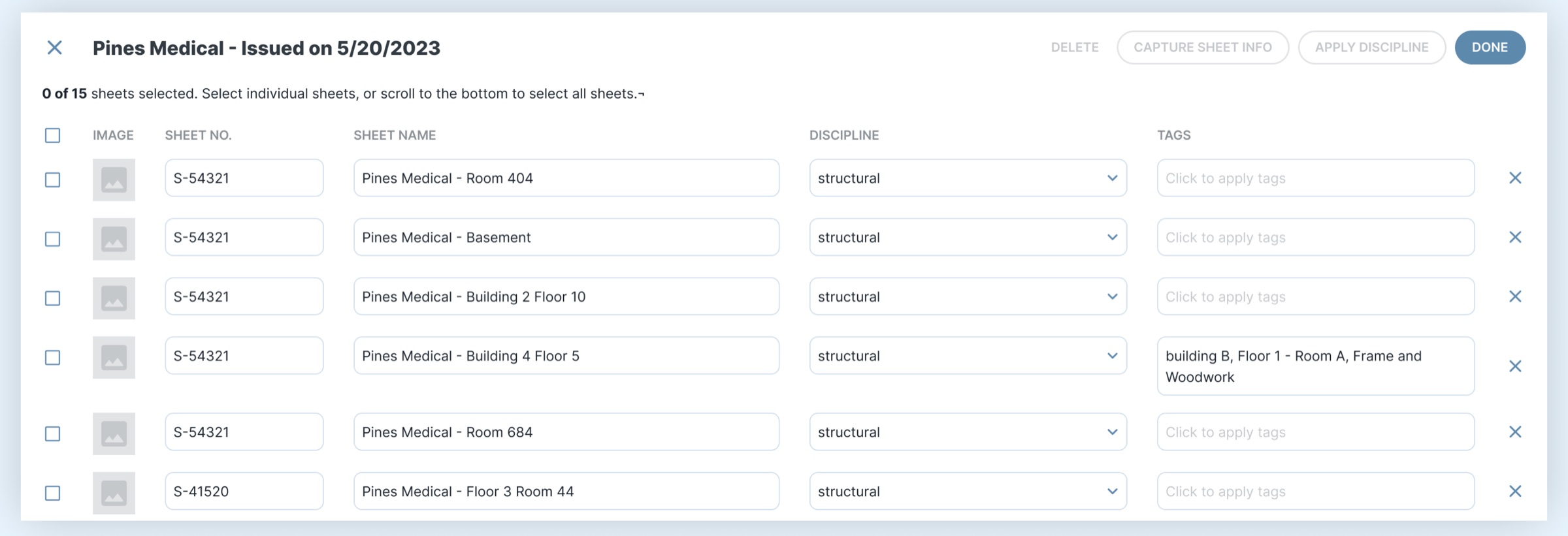Bulk edit view listing uploaded sheets with sheet number, name, discipline, and tags fields