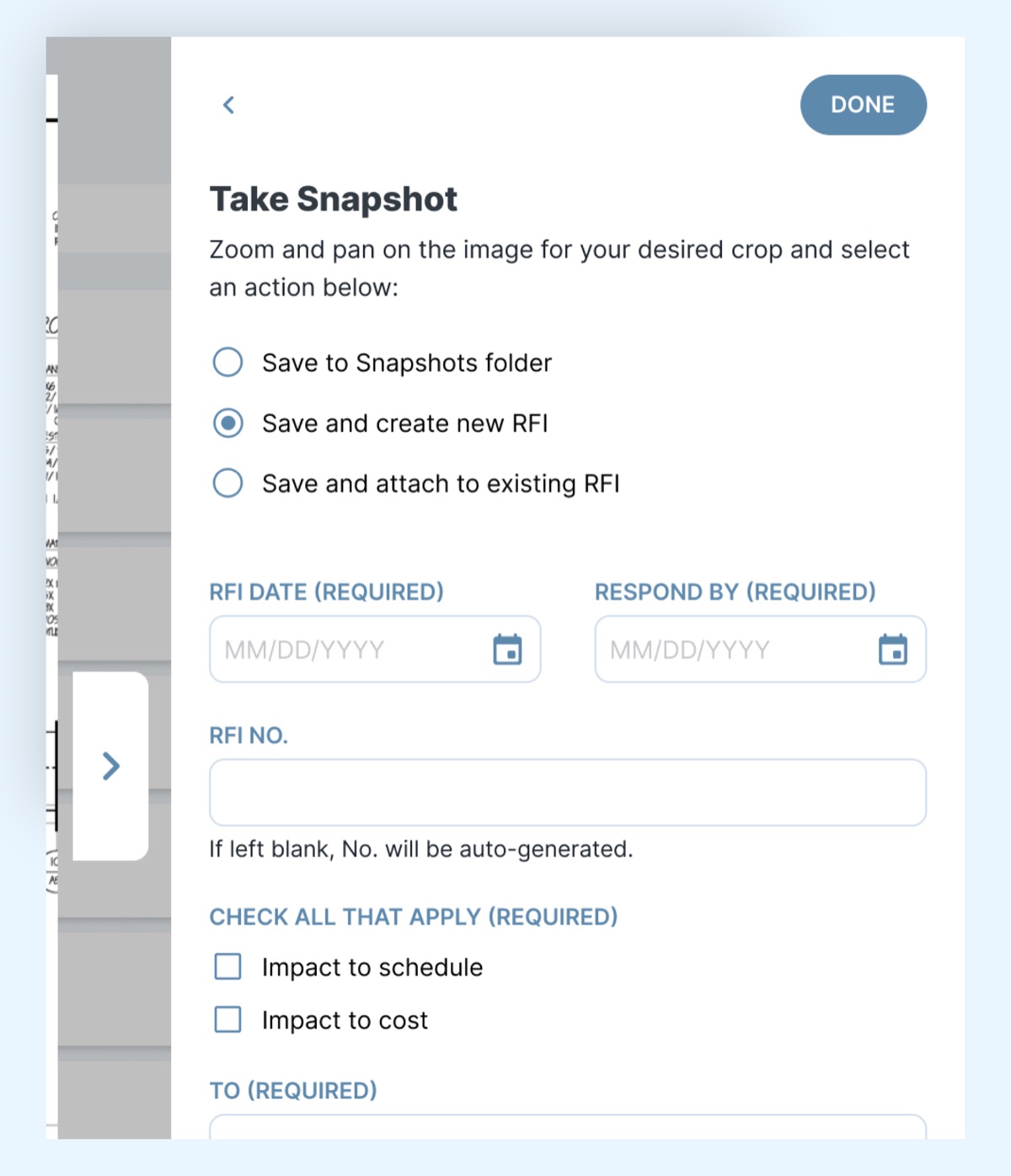 Take Snapshot panel with options to save, create a new RFI, or attach to an existing RFI