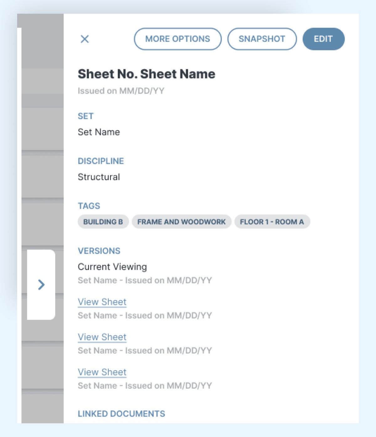 Sheet details panel showing set, discipline, tags, and a list of previous versions