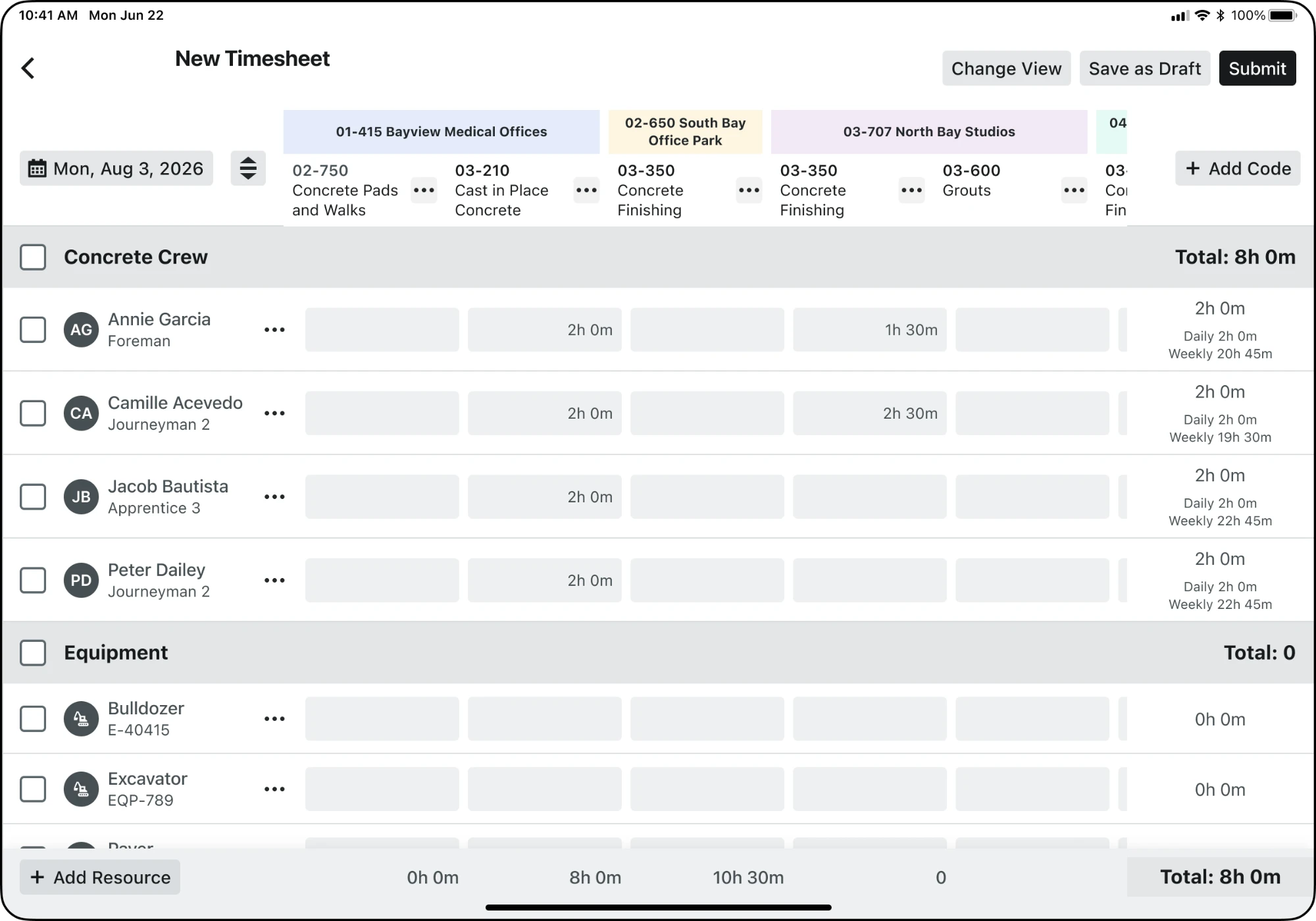 The time entry grid on tablet, annotated: a two-tier header, date picker and Add Code slots, crew group headers, the resource column, entry cells, row totals, and a totals footer