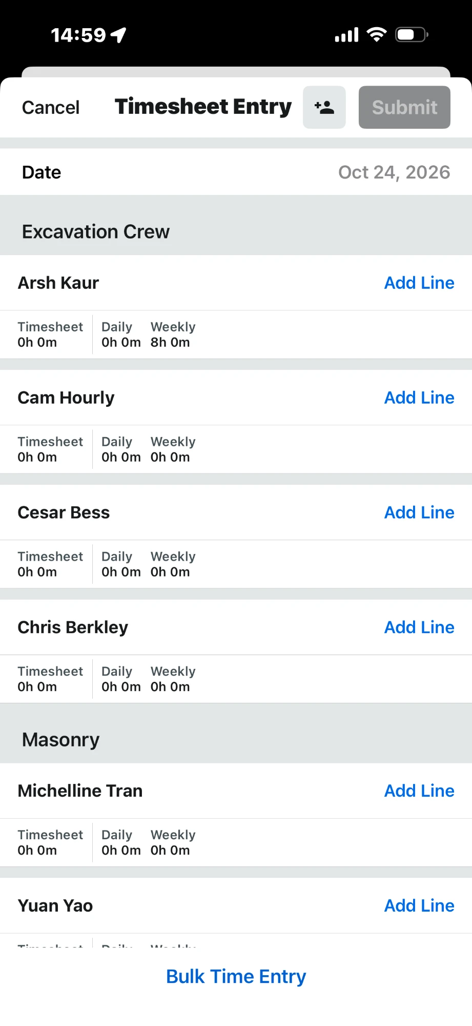The old mobile timesheet: each crew member listed separately with an Add Line link, entered one line at a time