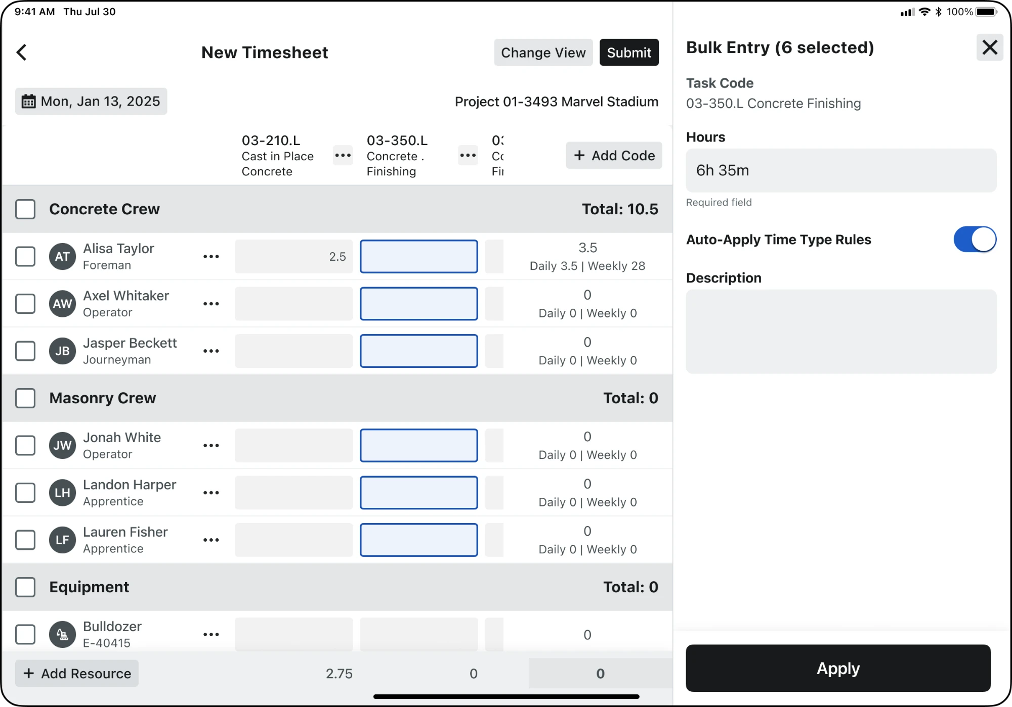 MVP grid on iPad: a concrete crew, masonry crew, and equipment listed by task code, with one column selected and a Bulk Entry panel applying hours to six people